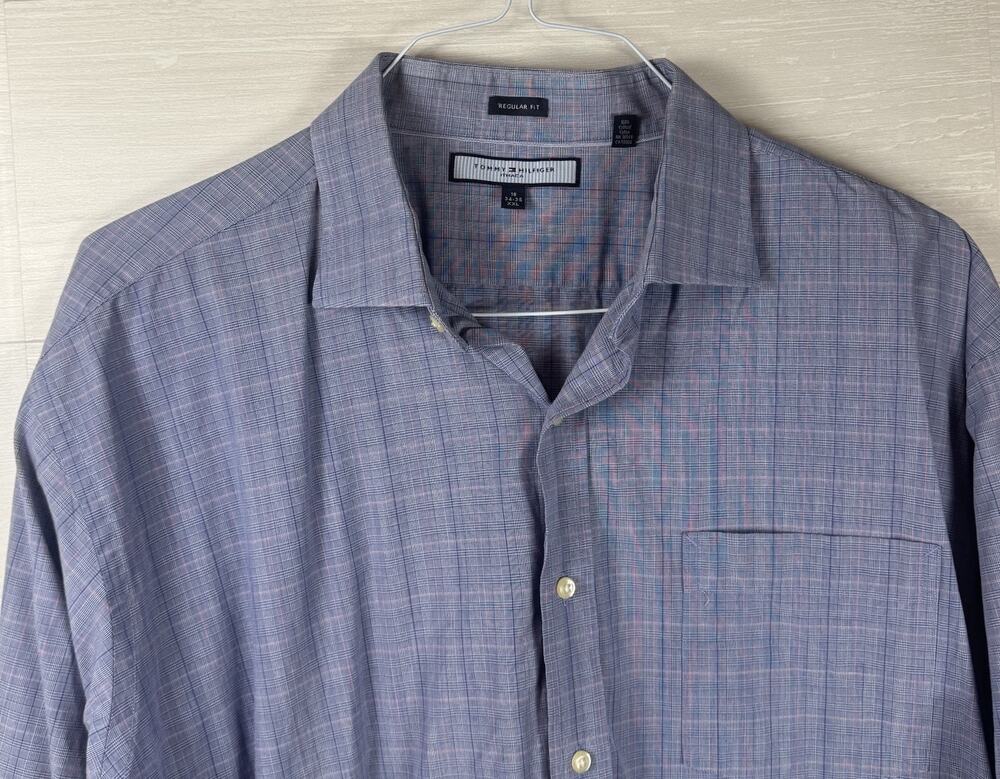 Tommy Hilfiger Mens XXL 18 34-35 Blue Plaid Check Cotton Long Sleeve Shirt